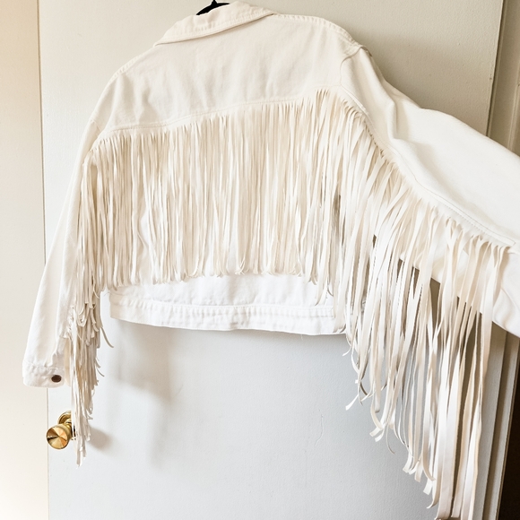Faux Leather Fringe White Denim Oversized Cropped Boho Summer Festival Jacket - Picture 8 of 16